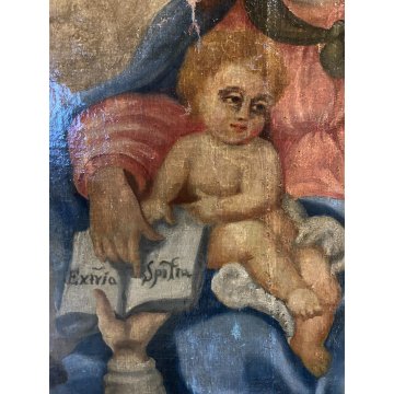 ANTICO DIPINTO OLIO MADONNA GESU BAMBINO MESSAGGIO ai SANTI RELIGIOSO '600/'700