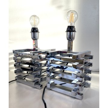 COPPIA LAMPADA COMODINO CROMATA ABATJOUR Romeo Rega METAL TABLE LAMP 15x15cm '70