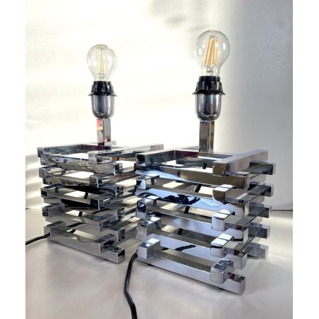 COPPIA LAMPADA COMODINO CROMATA ABATJOUR Romeo Rega METAL TABLE LAMP 15x15cm '70