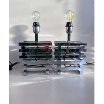 COPPIA LAMPADA COMODINO CROMATA ABATJOUR Romeo Rega METAL TABLE LAMP 15x15cm '70