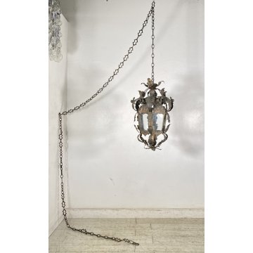 LAMPADARIO SOSPENSIONE LANTERNA ART NOUVEAU FINE 1800 OTTONE VETRO 1 LUCE