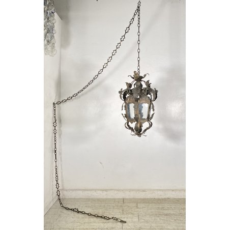 LAMPADARIO SOSPENSIONE LANTERNA ART NOUVEAU FINE 1800 OTTONE VETRO 1 LUCE
