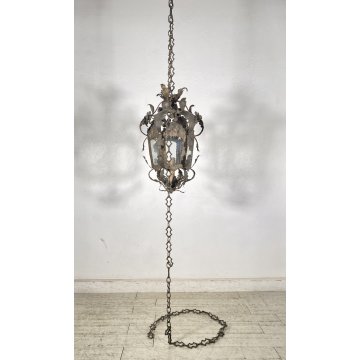 LAMPADARIO SOSPENSIONE LANTERNA ART NOUVEAU FINE 1800 OTTONE VETRO 1 LUCE