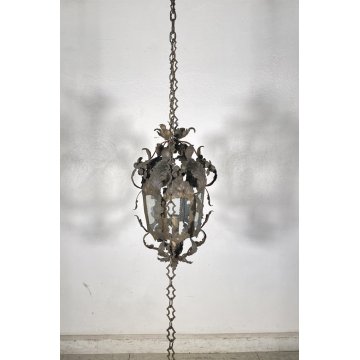 LAMPADARIO SOSPENSIONE LANTERNA ART NOUVEAU FINE 1800 OTTONE VETRO 1 LUCE
