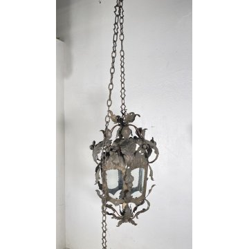 LAMPADARIO SOSPENSIONE LANTERNA ART NOUVEAU FINE 1800 OTTONE VETRO 1 LUCE