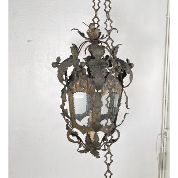LAMPADARIO SOSPENSIONE LANTERNA ART NOUVEAU FINE 1800 OTTONE VETRO 1 LUCE