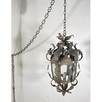 LAMPADARIO SOSPENSIONE LANTERNA ART NOUVEAU FINE 1800 OTTONE VETRO 1 LUCE