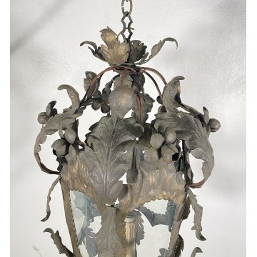 LAMPADARIO SOSPENSIONE LANTERNA ART NOUVEAU FINE 1800 OTTONE VETRO 1 LUCE