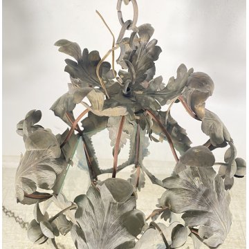 LAMPADARIO SOSPENSIONE LANTERNA ART NOUVEAU FINE 1800 OTTONE VETRO 1 LUCE