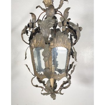 LAMPADARIO SOSPENSIONE LANTERNA ART NOUVEAU FINE 1800 OTTONE VETRO 1 LUCE