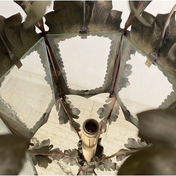 LAMPADARIO SOSPENSIONE LANTERNA ART NOUVEAU FINE 1800 OTTONE VETRO 1 LUCE