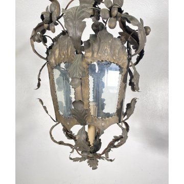 LAMPADARIO SOSPENSIONE LANTERNA ART NOUVEAU FINE 1800 OTTONE VETRO 1 LUCE