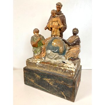 ANTICO GRUPPO SCULTOREO GESSO CASSETTA ELAMOSINA MISSIONI FRANCESCANE '800