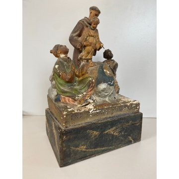 ANTICO GRUPPO SCULTOREO GESSO CASSETTA ELAMOSINA MISSIONI FRANCESCANE '800