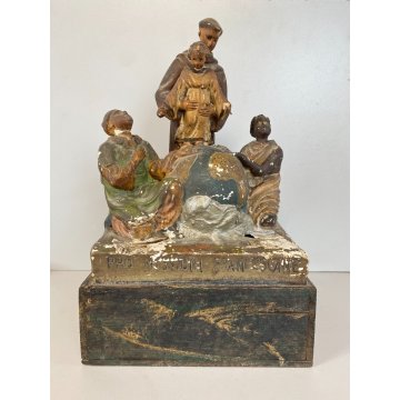 ANTICO GRUPPO SCULTOREO GESSO CASSETTA ELAMOSINA MISSIONI FRANCESCANE '800
