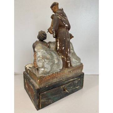 ANTICO GRUPPO SCULTOREO GESSO CASSETTA ELAMOSINA MISSIONI FRANCESCANE '800