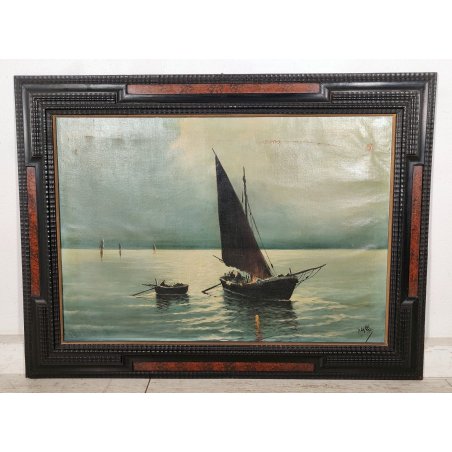 ANTICO GRANDE QUADRO OLIO TELA A Serra PAESAGGIO MARINA BARCHE Cornice Guilloche