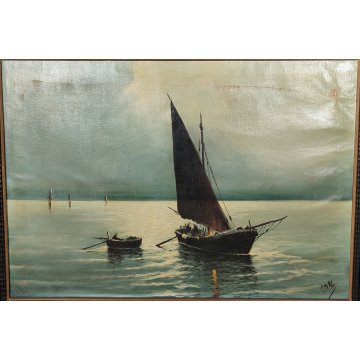 ANTICO GRANDE QUADRO OLIO TELA A Serra PAESAGGIO MARINA BARCHE Cornice Guilloche