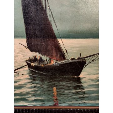 ANTICO GRANDE QUADRO OLIO TELA A Serra PAESAGGIO MARINA BARCHE Cornice Guilloche