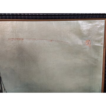 ANTICO GRANDE QUADRO OLIO TELA A Serra PAESAGGIO MARINA BARCHE Cornice Guilloche