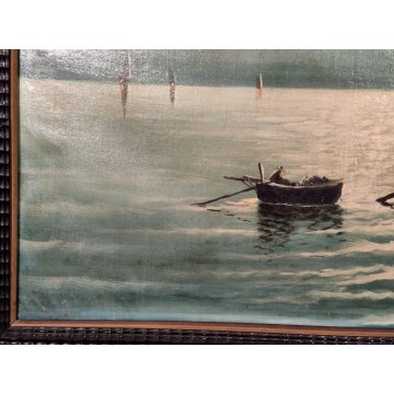 ANTICO GRANDE QUADRO OLIO TELA A Serra PAESAGGIO MARINA BARCHE Cornice Guilloche