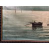 ANTICO GRANDE QUADRO OLIO TELA A Serra PAESAGGIO MARINA BARCHE Cornice Guilloche