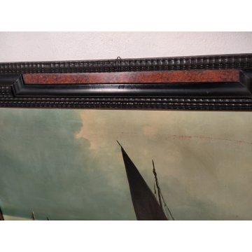ANTICO GRANDE QUADRO OLIO TELA A Serra PAESAGGIO MARINA BARCHE Cornice Guilloche