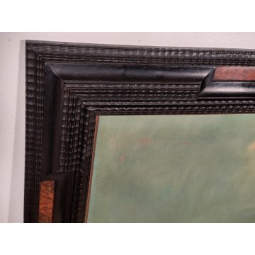 ANTICO GRANDE QUADRO OLIO TELA A Serra PAESAGGIO MARINA BARCHE Cornice Guilloche