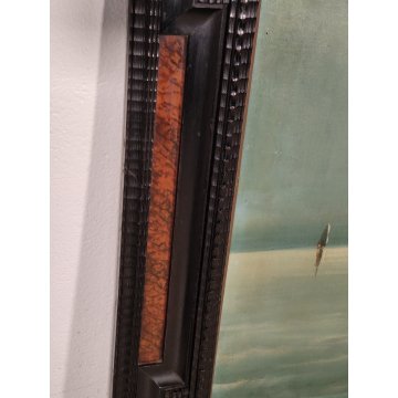 ANTICO GRANDE QUADRO OLIO TELA A Serra PAESAGGIO MARINA BARCHE Cornice Guilloche