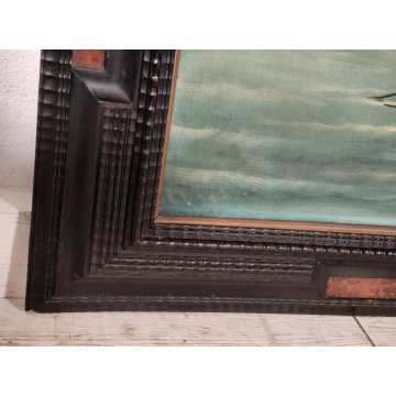 ANTICO GRANDE QUADRO OLIO TELA A Serra PAESAGGIO MARINA BARCHE Cornice Guilloche