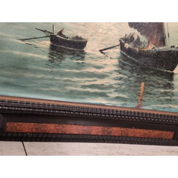 ANTICO GRANDE QUADRO OLIO TELA A Serra PAESAGGIO MARINA BARCHE Cornice Guilloche