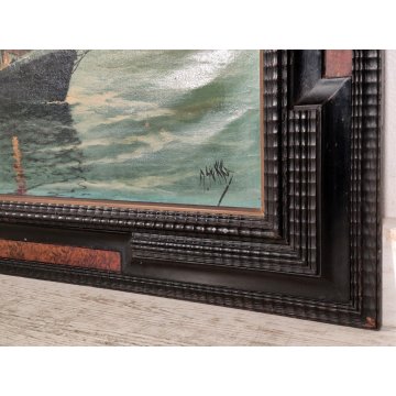 ANTICO GRANDE QUADRO OLIO TELA A Serra PAESAGGIO MARINA BARCHE Cornice Guilloche