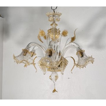 ANTICO LAMPADARIO PRIMI 1900 VETRO ORO MURANO FOGLIE 6 LUCI VENEZIA HANGING LAMP