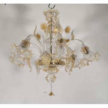 ANTICO LAMPADARIO PRIMI 1900 VETRO ORO MURANO FOGLIE 6 LUCI VENEZIA HANGING LAMP