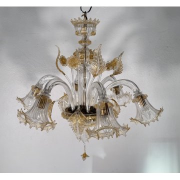 ANTICO LAMPADARIO PRIMI 1900 VETRO ORO MURANO FOGLIE 6 LUCI VENEZIA HANGING LAMP
