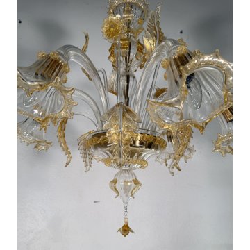 ANTICO LAMPADARIO PRIMI 1900 VETRO ORO MURANO FOGLIE 6 LUCI VENEZIA HANGING LAMP