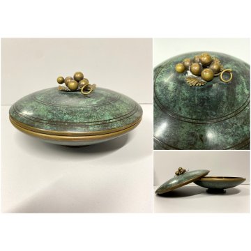 ANTICA BOWL CIOTOLA con PIEDE e COPERCHIO OTTONE OSSIDATO ART DECO ø 19,5 cm