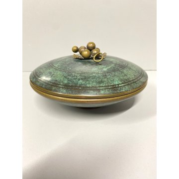 ANTICA BOWL CIOTOLA con PIEDE e COPERCHIO OTTONE OSSIDATO ART DECO ø 19,5 cm