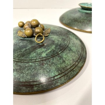 ANTICA BOWL CIOTOLA con PIEDE e COPERCHIO OTTONE OSSIDATO ART DECO ø 19,5 cm