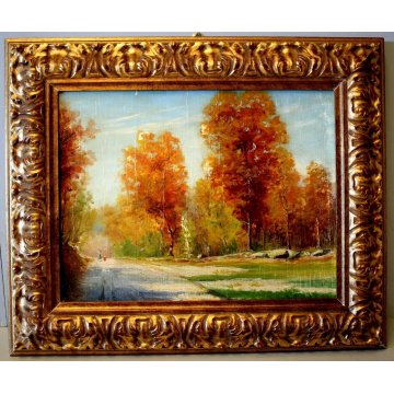 ANTICO QUADRO DIPINTO OLIO TAVOLA PAESAGGIO FIGURE VIALE BOSCO AUTUNNO 900