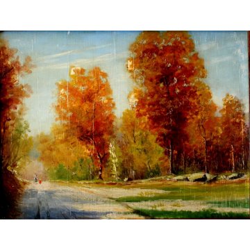 ANTICO QUADRO DIPINTO OLIO TAVOLA PAESAGGIO FIGURE VIALE BOSCO AUTUNNO 900
