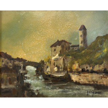 ANTICO QUADRO DIPINTO OLIO G. Viganò PAESAGGIO FLUVIALE PONTE CHIESA BORGO 900