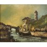 ANTICO QUADRO DIPINTO OLIO G. Viganò PAESAGGIO FLUVIALE PONTE CHIESA BORGO 900