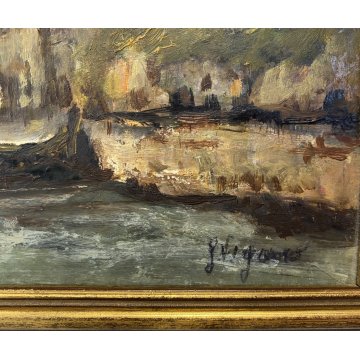 ANTICO QUADRO DIPINTO OLIO G. Viganò PAESAGGIO FLUVIALE PONTE CHIESA BORGO 900