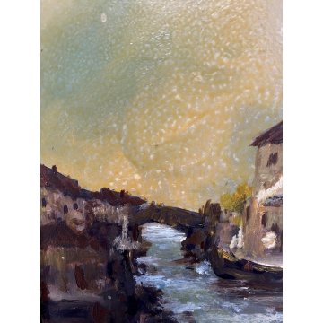 ANTICO QUADRO DIPINTO OLIO G. Viganò PAESAGGIO FLUVIALE PONTE CHIESA BORGO 900