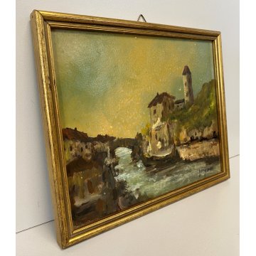 ANTICO QUADRO DIPINTO OLIO G. Viganò PAESAGGIO FLUVIALE PONTE CHIESA BORGO 900