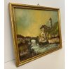 ANTICO QUADRO DIPINTO OLIO G. Viganò PAESAGGIO FLUVIALE PONTE CHIESA BORGO 900