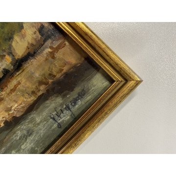 ANTICO QUADRO DIPINTO OLIO G. Viganò PAESAGGIO FLUVIALE PONTE CHIESA BORGO 900