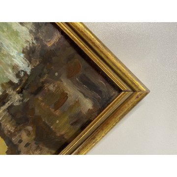 ANTICO QUADRO DIPINTO OLIO G. Viganò PAESAGGIO FLUVIALE PONTE CHIESA BORGO 900