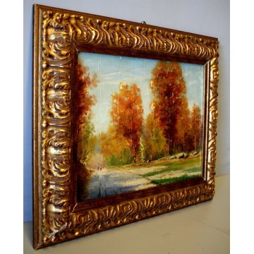 ANTICO QUADRO DIPINTO OLIO TAVOLA PAESAGGIO FIGURE VIALE BOSCO AUTUNNO 900